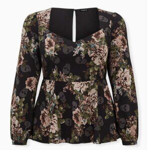 Torrid Size 3  (22W) Black Floral Peplum Crepe Sweetheart Neck Top